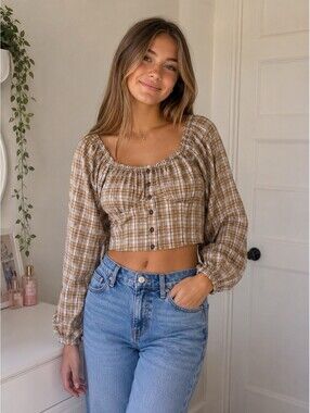 Love Tree smocked brown plaid crop Top Size  Large